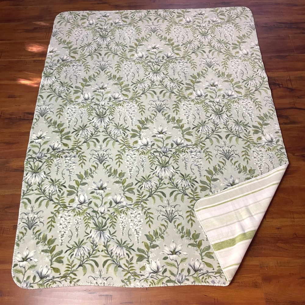 Laura Ashley Reversible Plush Throw Blanket Sz 49x67 Green Floral Stripe Cottage